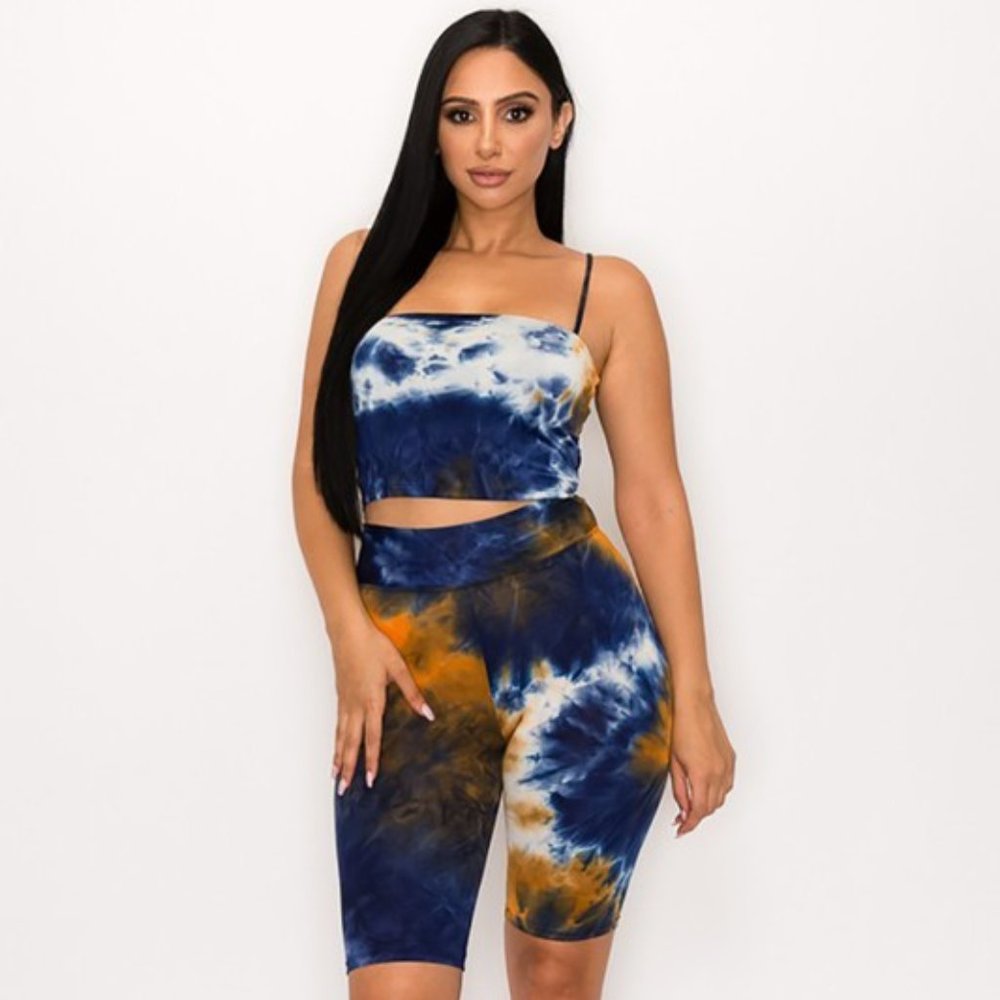 Women's Navy Blue White & Rust Tie Dye Pattern Rider Biker Set- 2 Piece